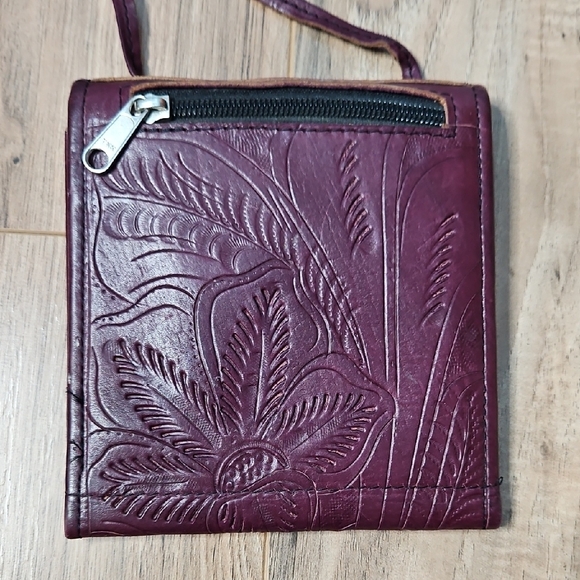 T. Saldivar Hand Tooled Leather Burgundy Plum Crossbody Bag - Picture 10 of 14